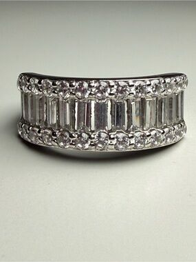 925 Sterling Silver Baguette & Round CZ Statement Band Ring Size 7